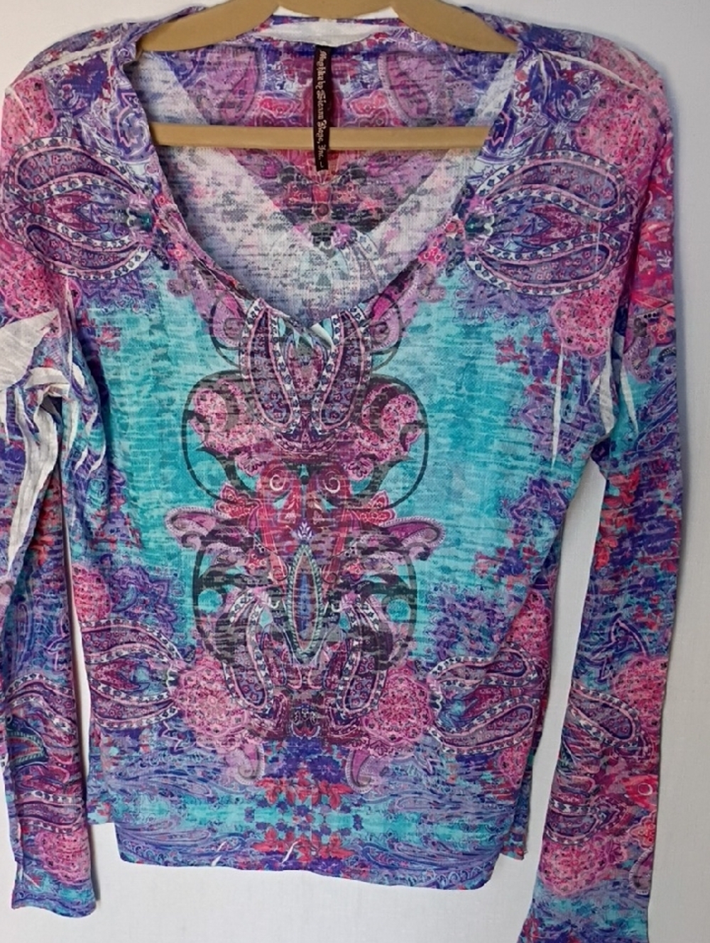 Mushka By Siena Rose Boho Paisley V-Neck Long Sleeve Top - Pink, Turquoise Sz L